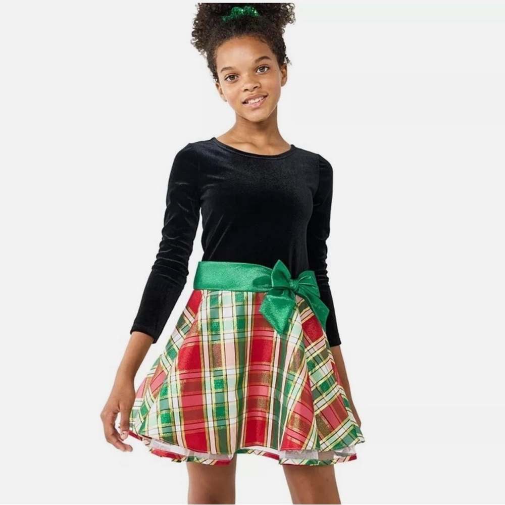 Bonnie Jean Girls Plaid Dress Long Sleeves Velvet Top Green Bow Size 12 Holiday